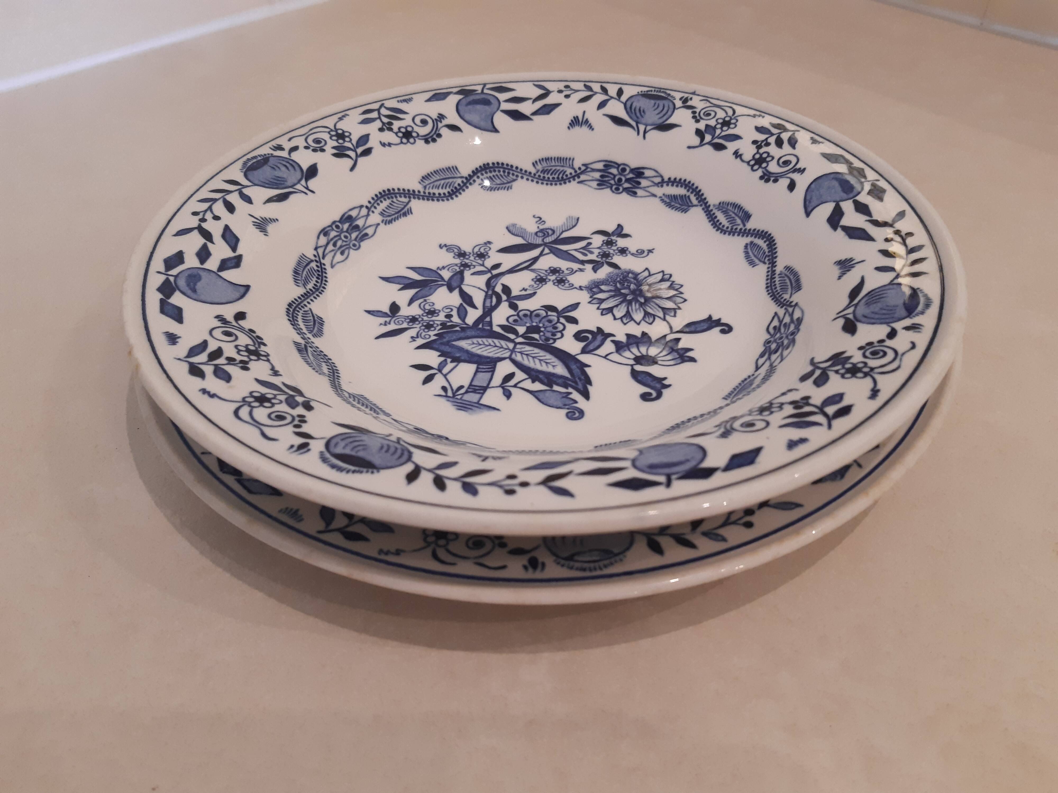 Set of two plates, flat and deep, with a country blue decoration.