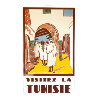 Affiche original Visitez la Tunisie par Yahia 1950 - Petit Format - On linen