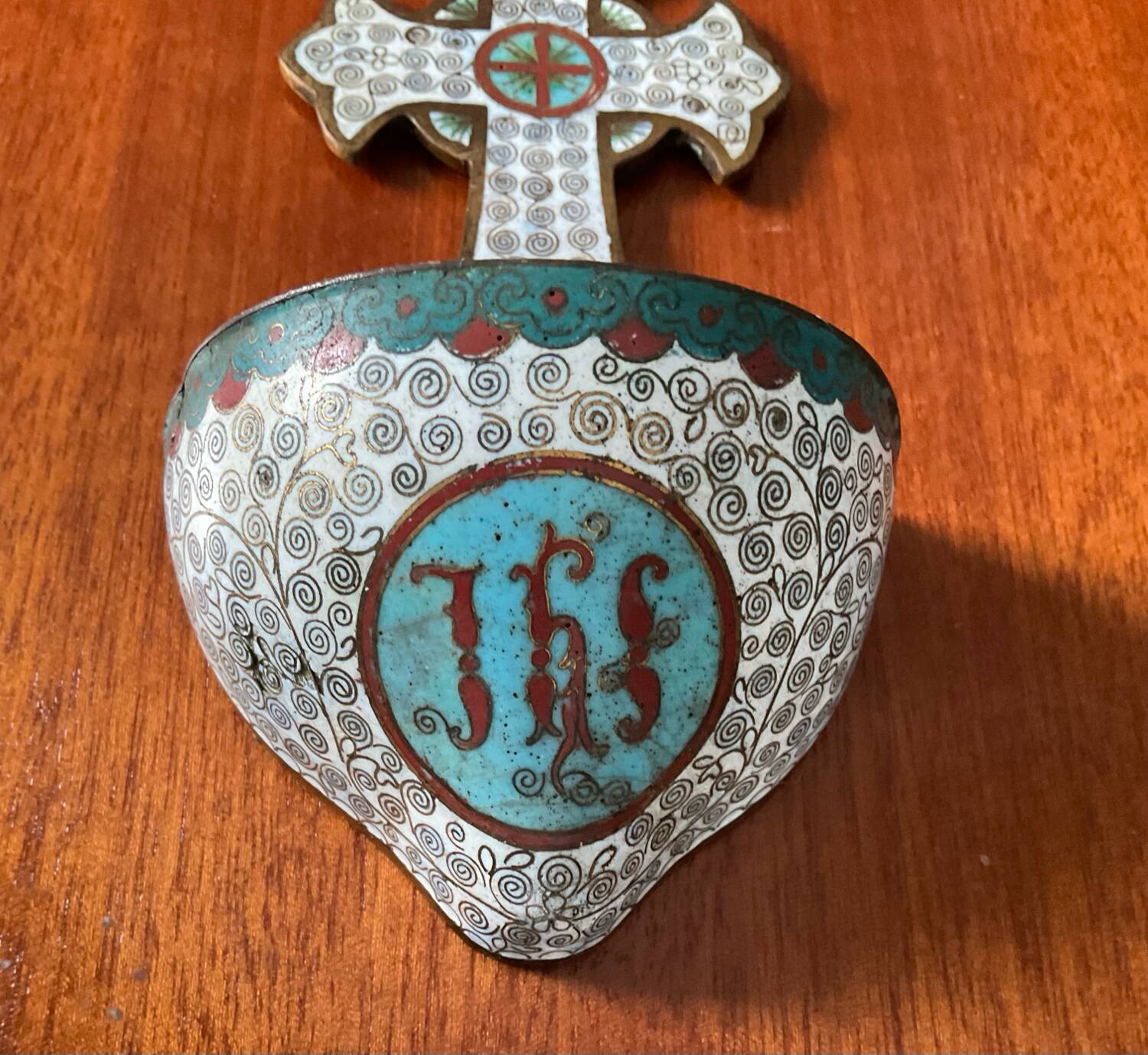 Ancient bronze and cloisonné enamel holy water font