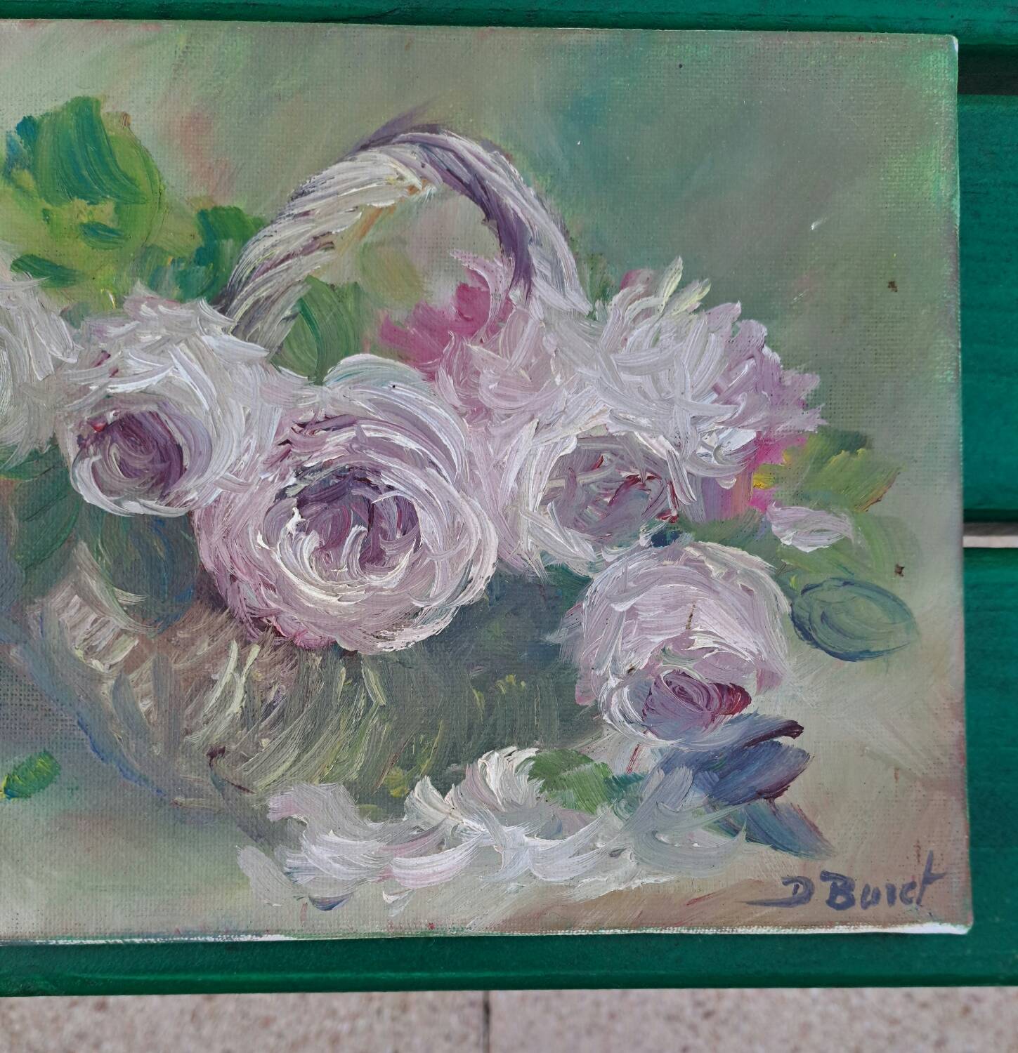 Oil on canvas basket and flowers signed