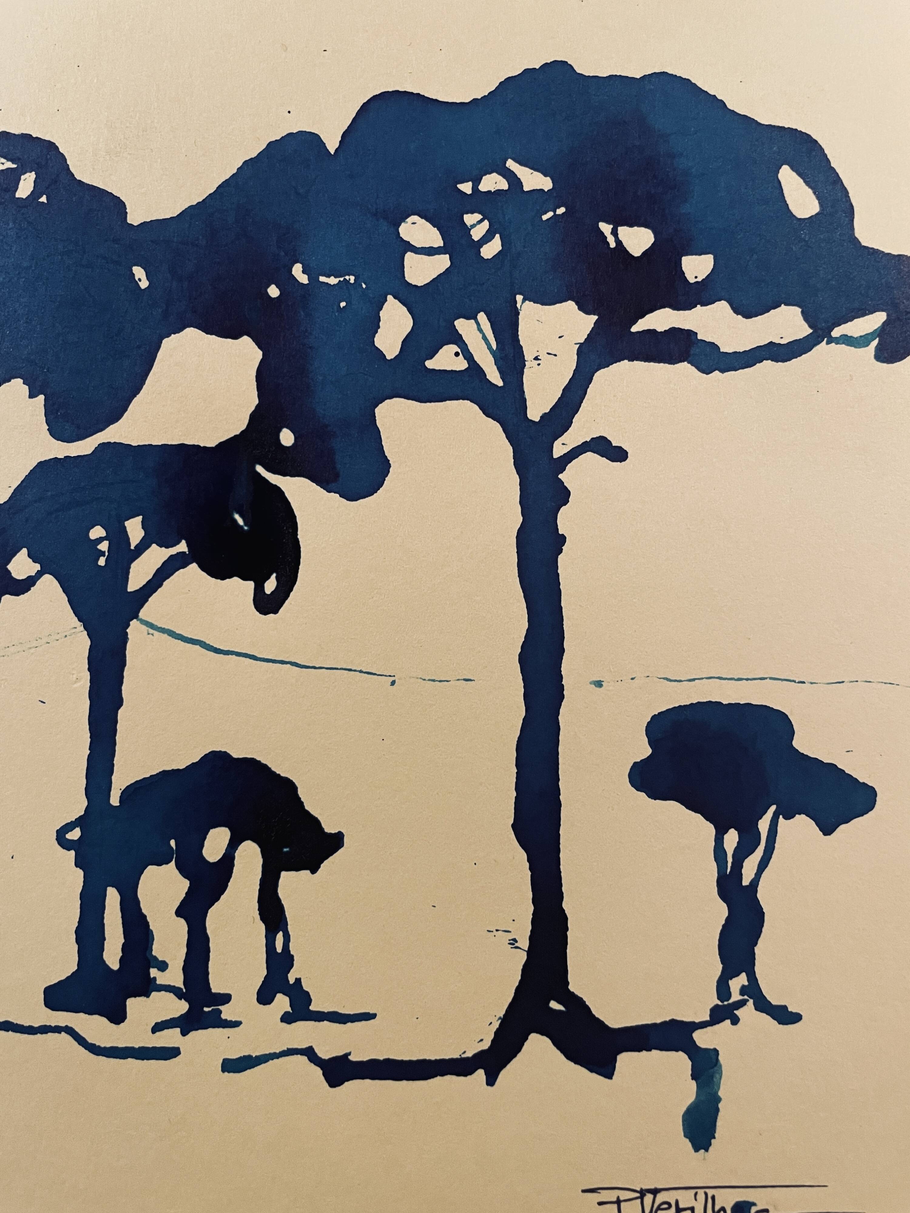 Painting, monochrome watercolor "Twilight over the Pine Forest" Provence, signed