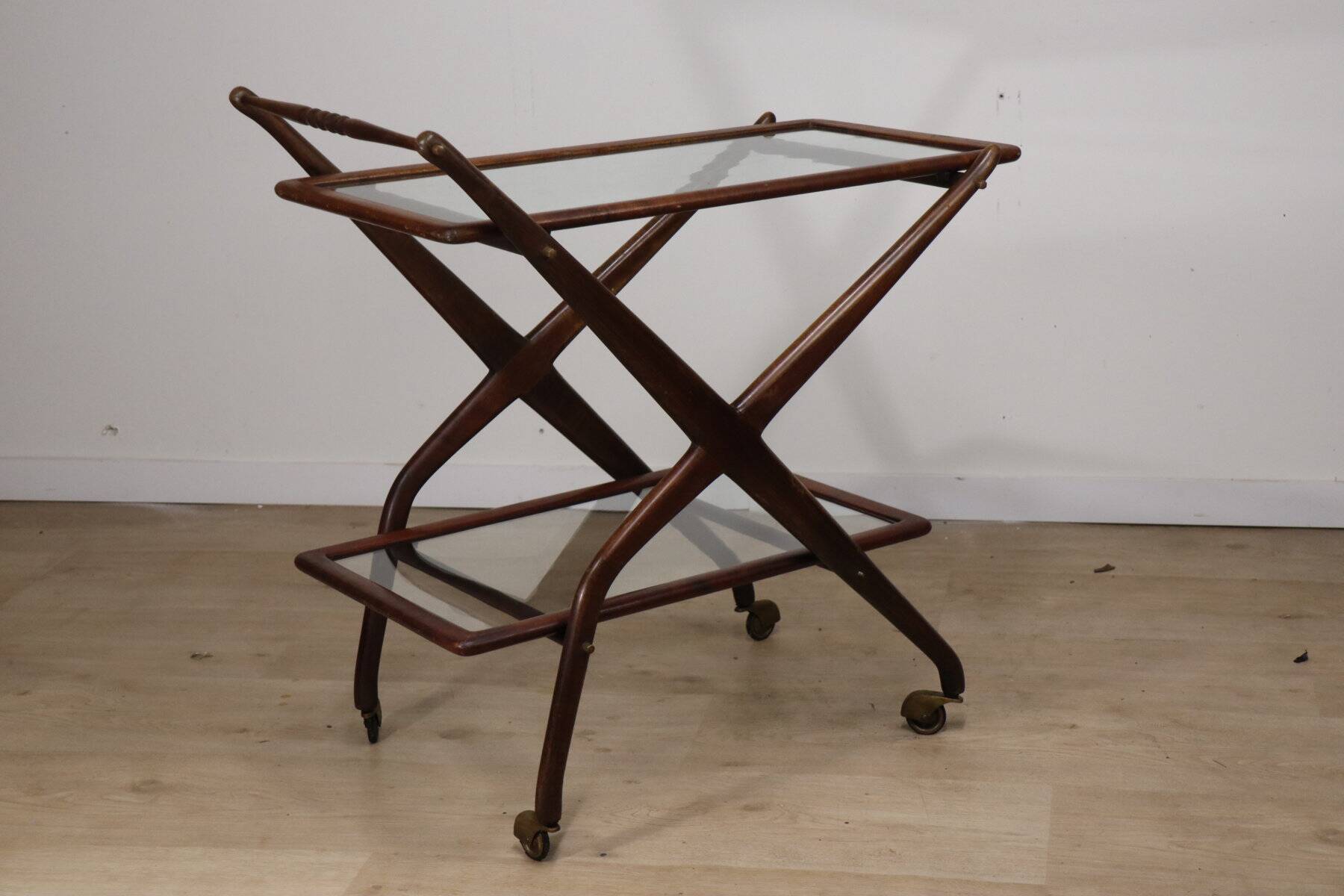 Vintage wooden and glass rolling trolley, 1960