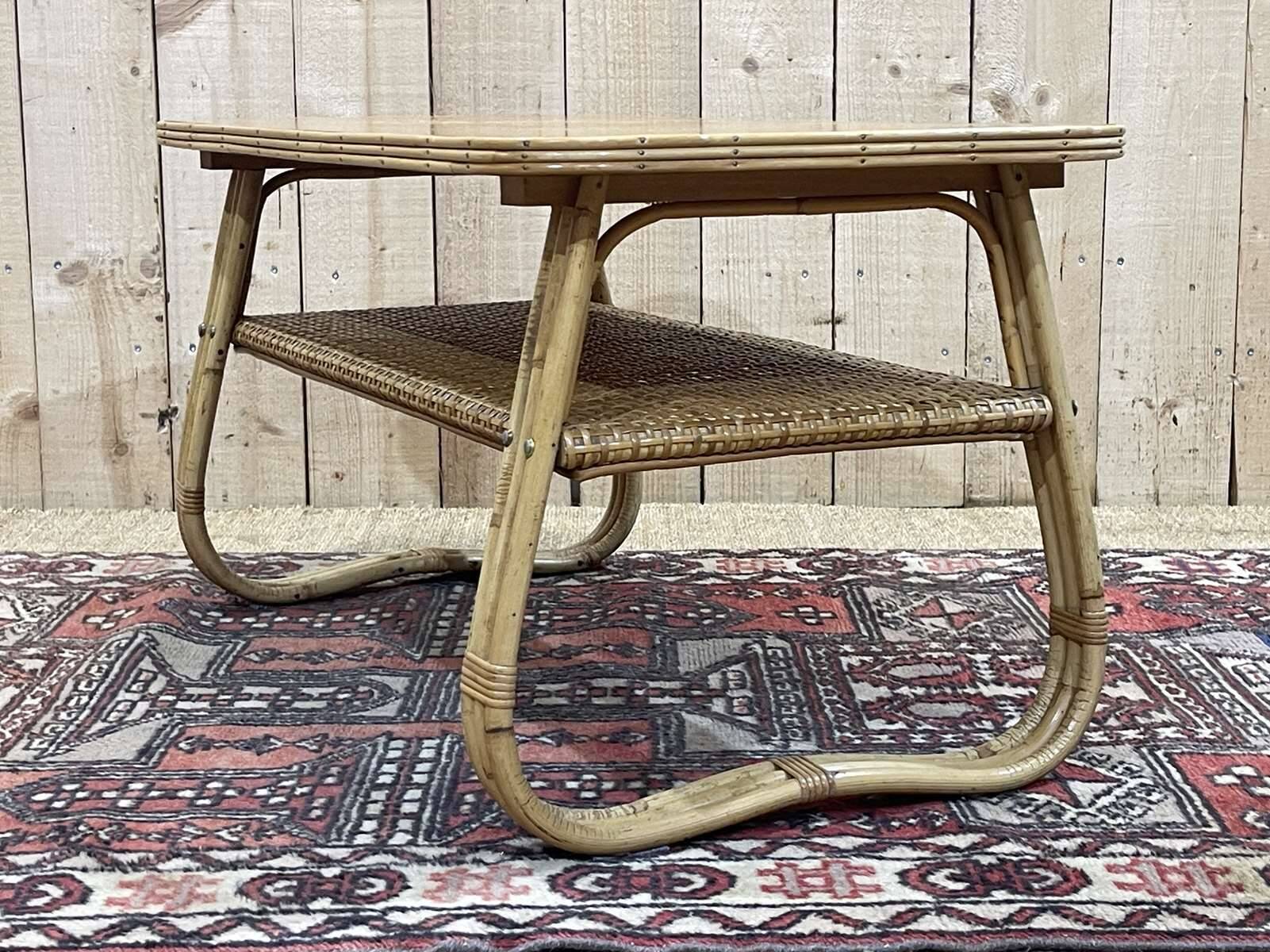 Rattan coffee table and caned shelf from the 1970s.