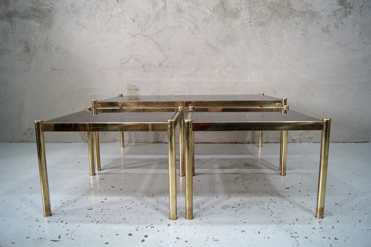 Set of 3 Italian minimalist brass coffee tables, 1970s
