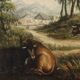 Ancient painting of a bucolic landscape, oil on canvas, Europe, 19th century.