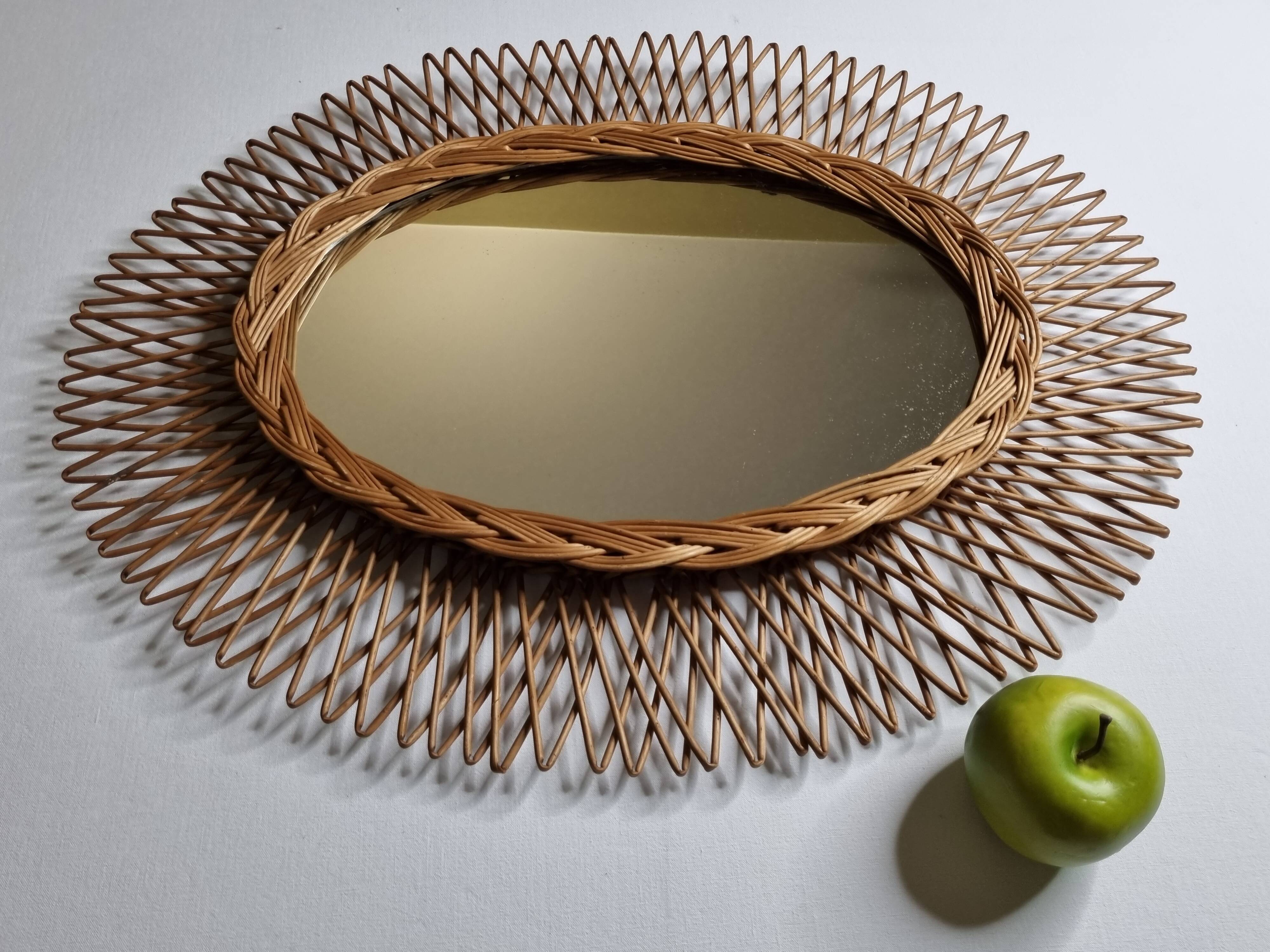 Original vintage rattan mirror, oval shape, 70 cm