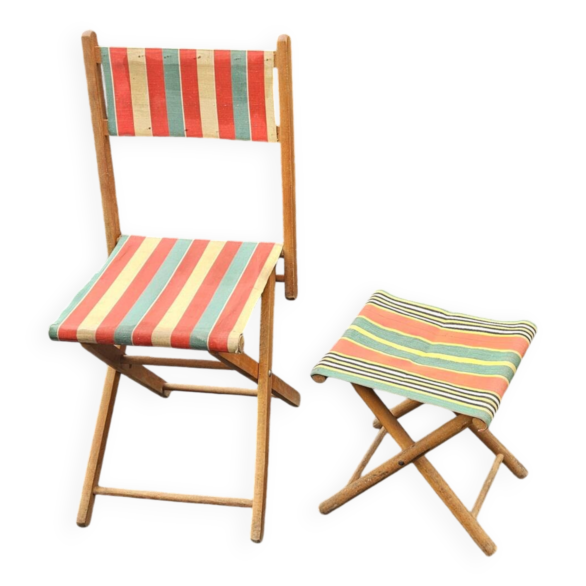 Folding canvas chair with stool, 1950s.