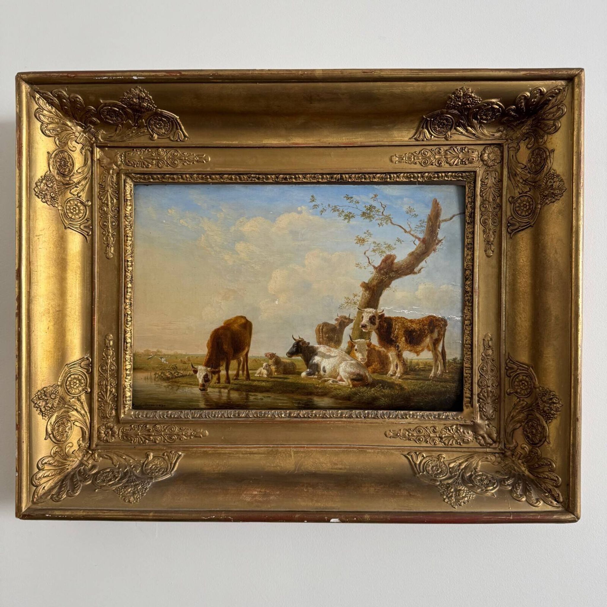 Oil on panel cows drinking by Jean-Baptiste Berré 1830