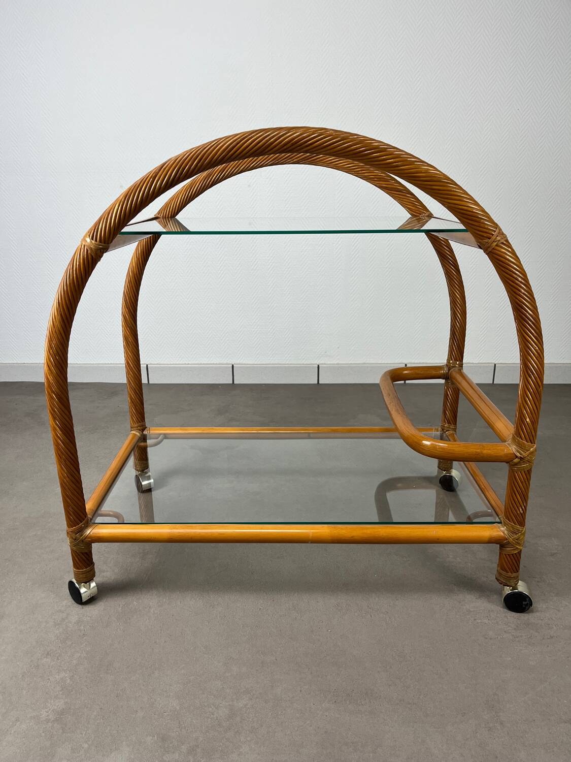 Glass and rattan dessert trolley, bar cart