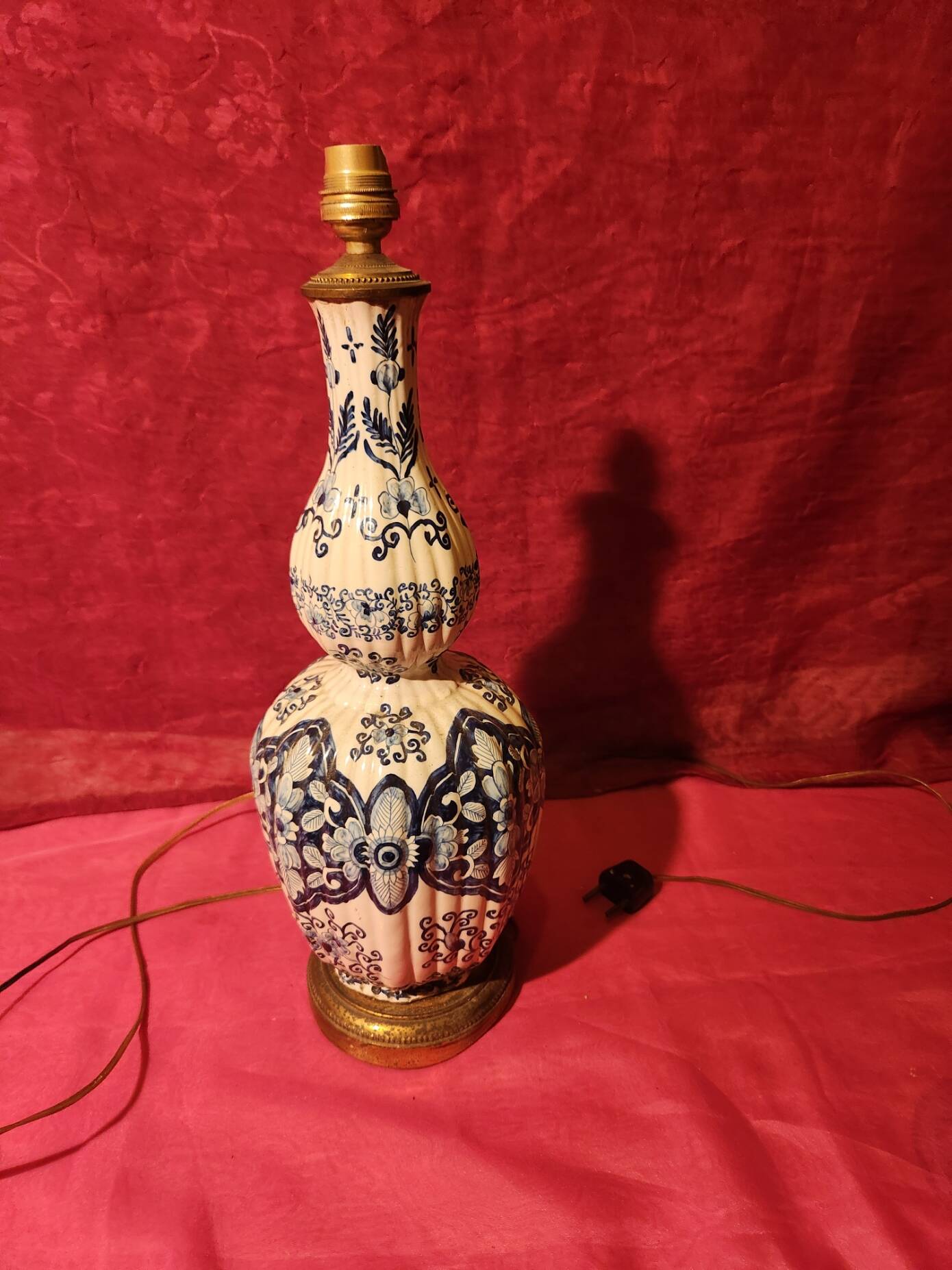 Antique ceramic lamp with brass or bronze base from the attic