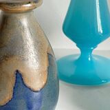Vintage Blue Stoneware and Opaline Glass VASES