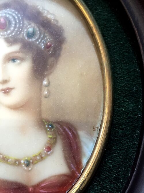 Miniature on ivory young woman elegant oval frame