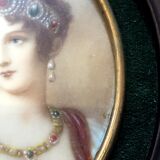 Miniature on ivory young woman elegant oval frame