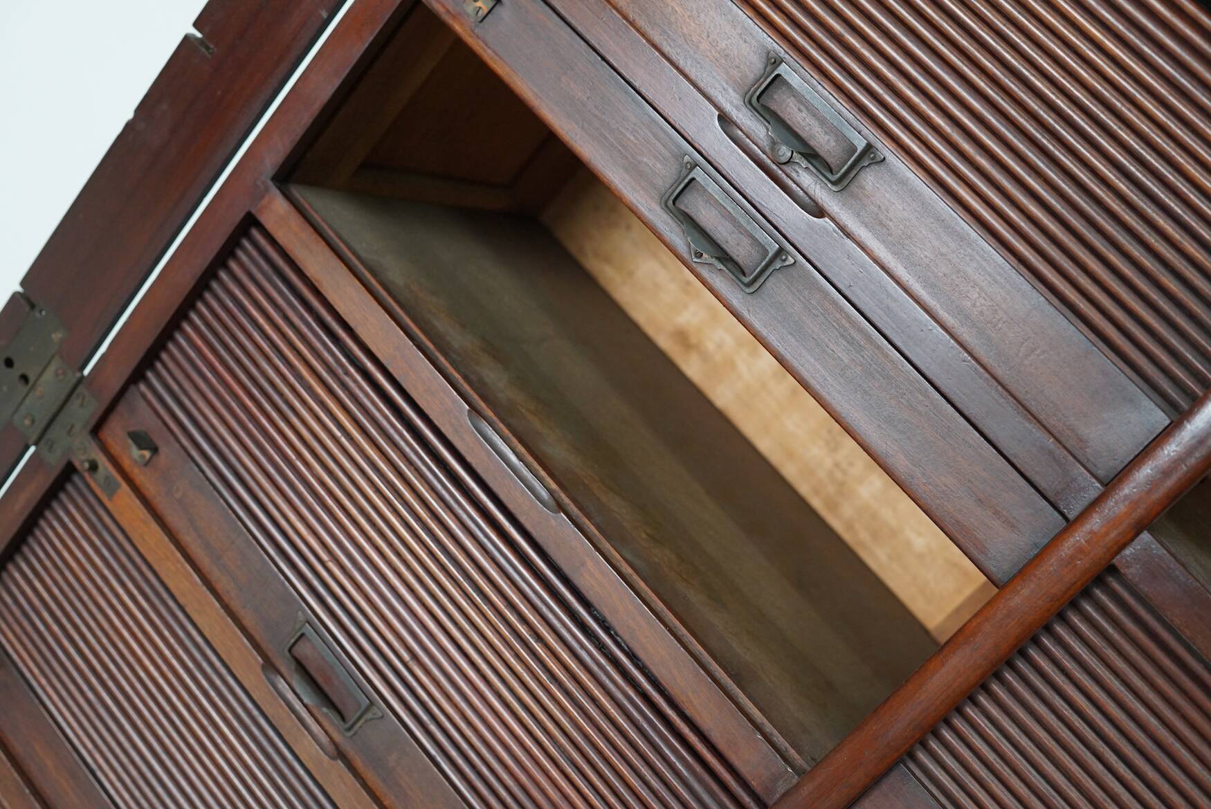 Antique mahogany filing cabinet with drop-down tambour doors, USA circa 1920