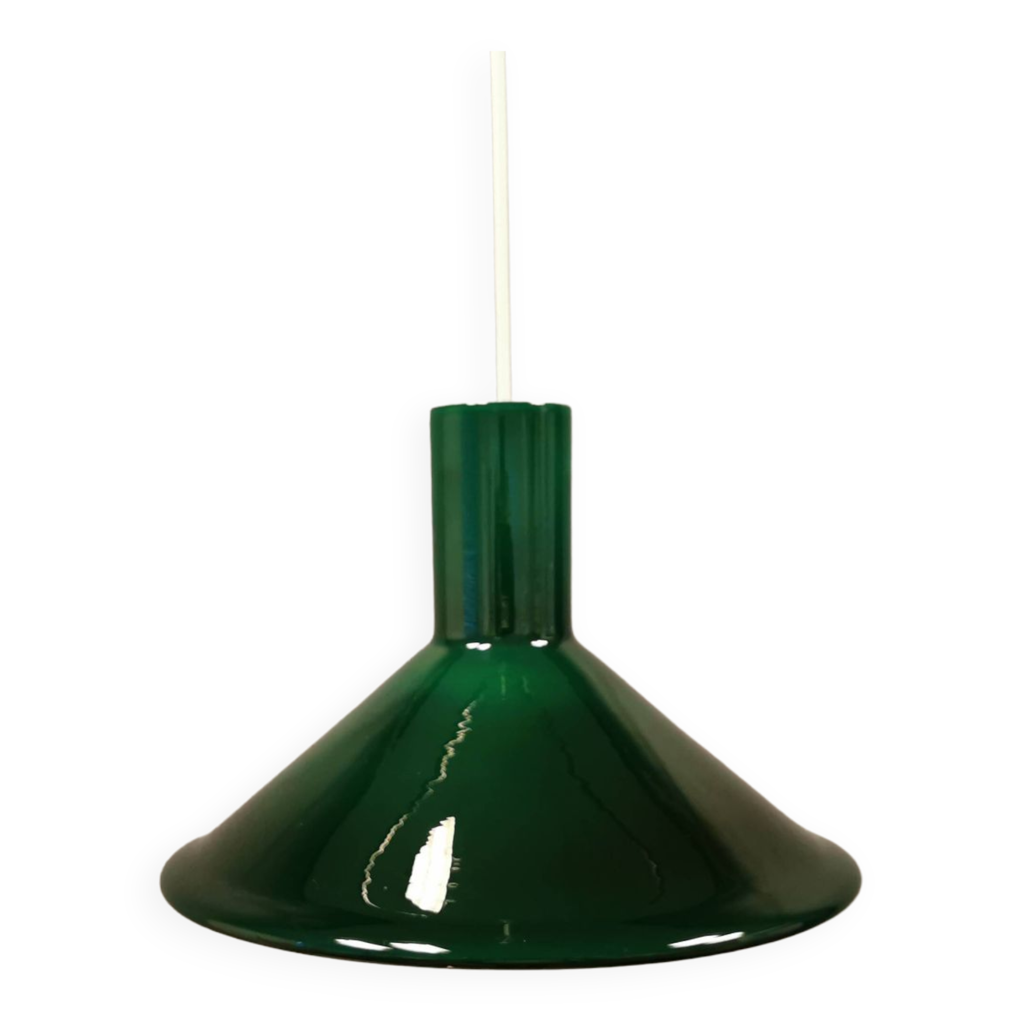Green glass hanging lamp in double layer glass. Designed by Michael Bang for Holmegaard Denmark 1972