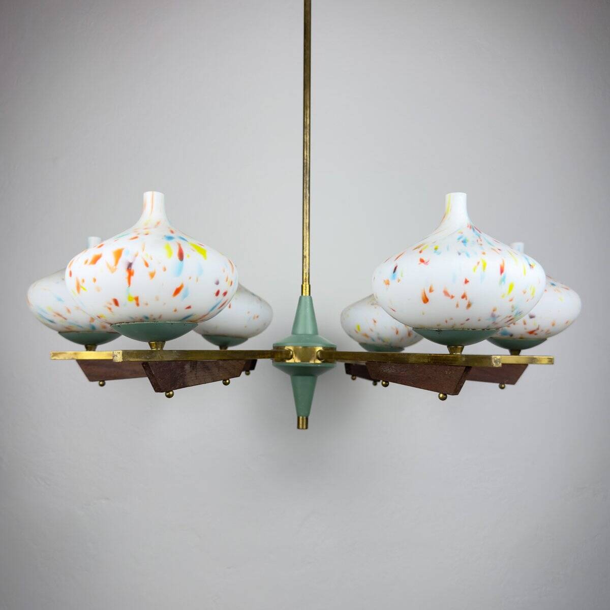 Mid-century chandelier with teak and Murano glass by Stilnovo, Italy, 1950s.