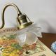 Swan neck wall light in brass with rose petal glass shade.
