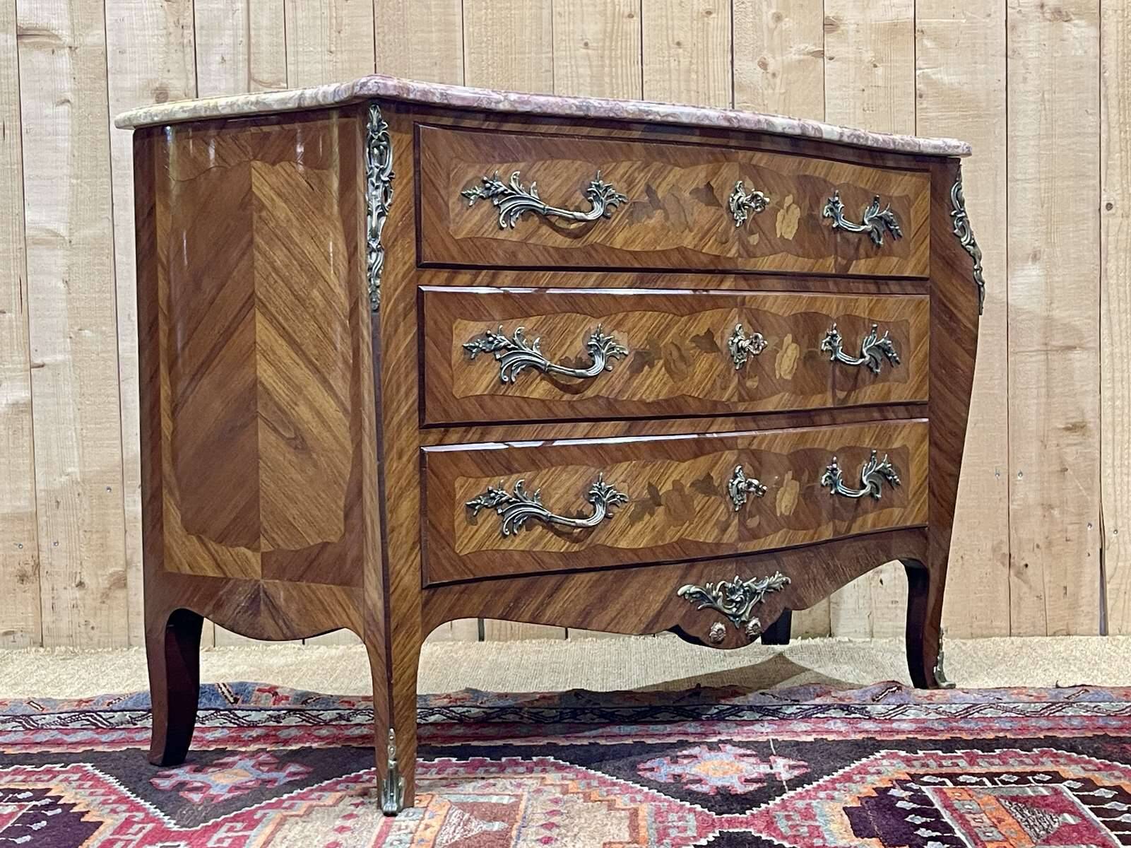 Louis XV style chest of drawers in rosewood, oak and marble top, made in the 70s
