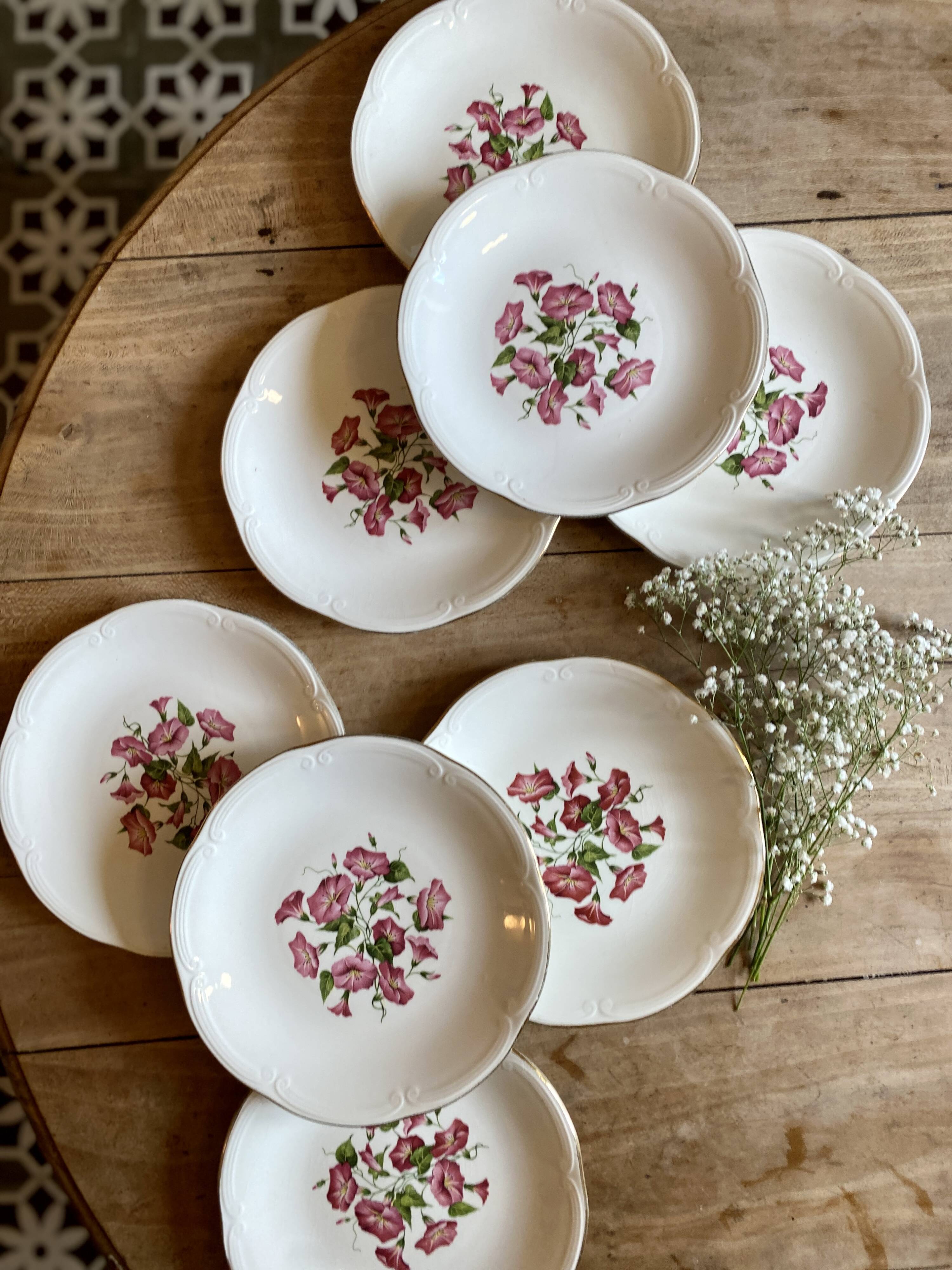 Set of 8 vintage flat plates model Liserons roses de Gien