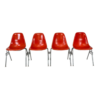 Vintage Eames Herman Miller DSS side chairs in coral orange