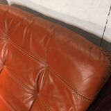 Wooden and ochre leather sofa