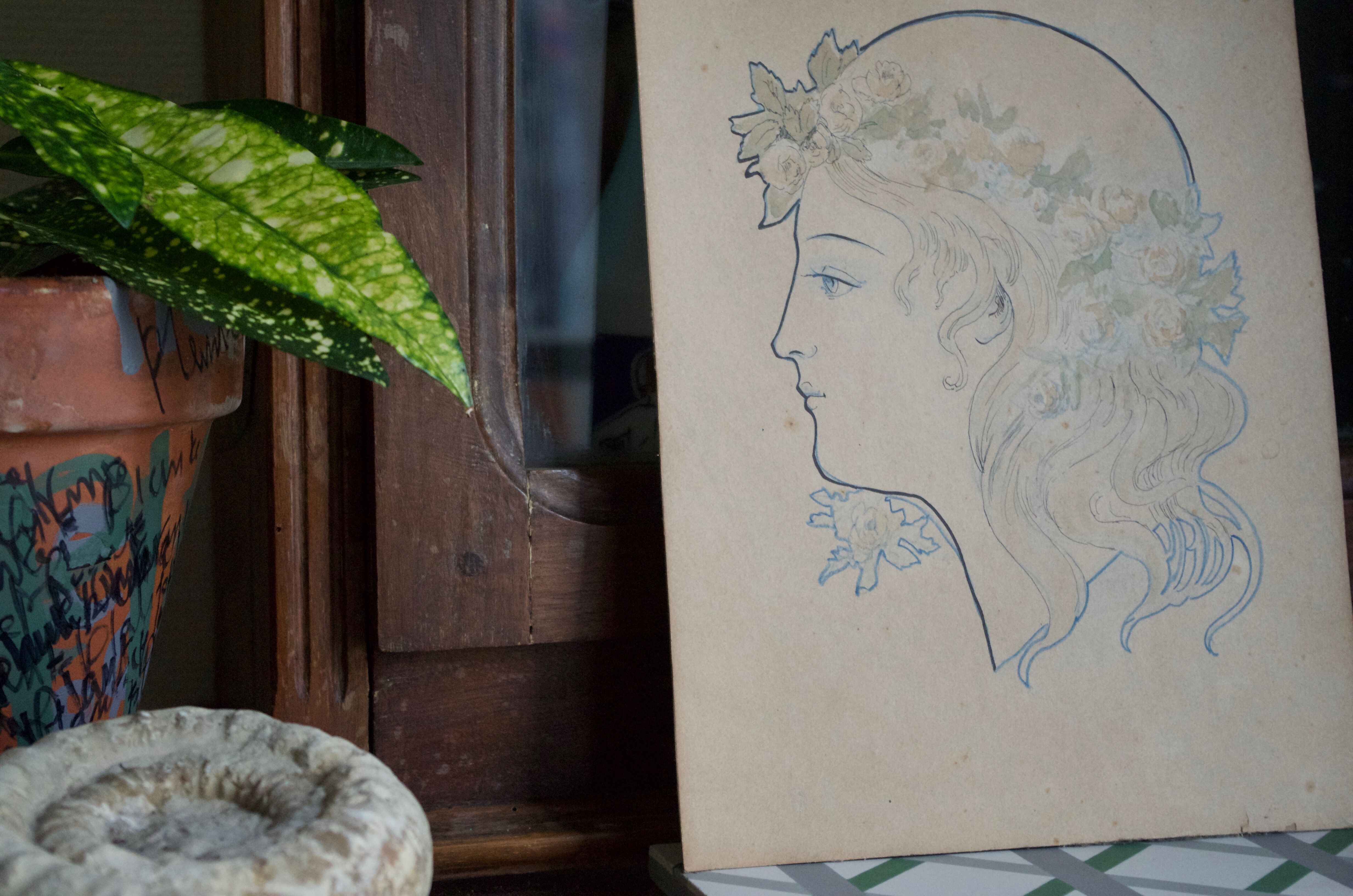 Original old drawing art nouveau portrait of a woman