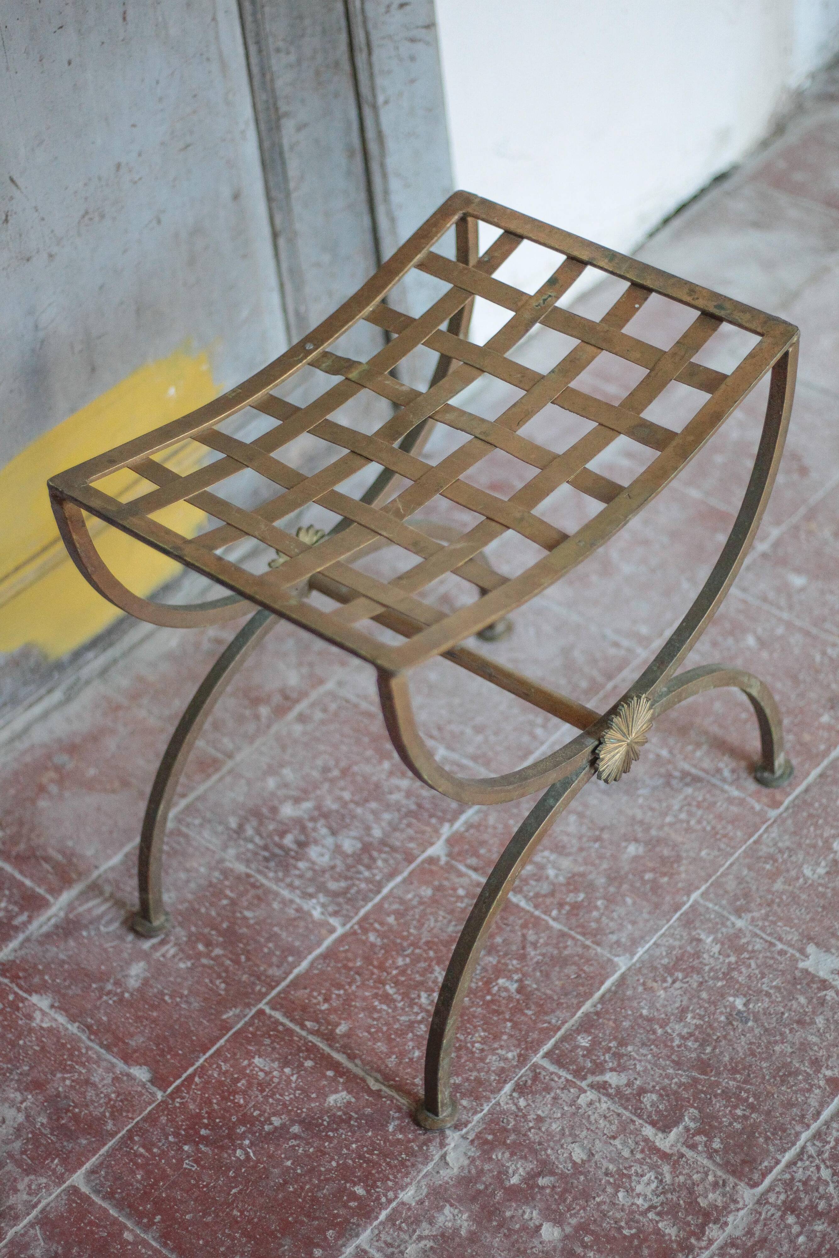 Vintage luggage rack, curule-shaped stool, iron suitcase table