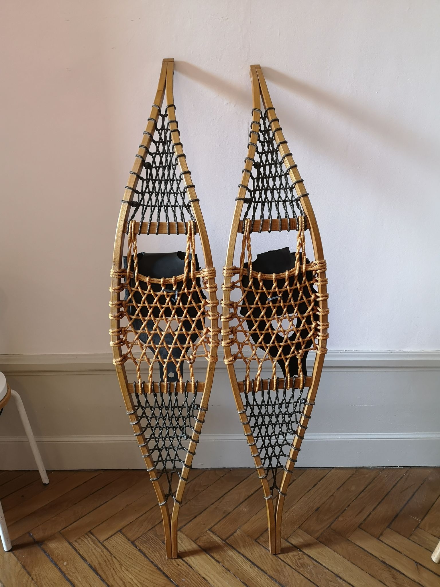 Pair of antique wooden snowshoes, vintage, 155 cm