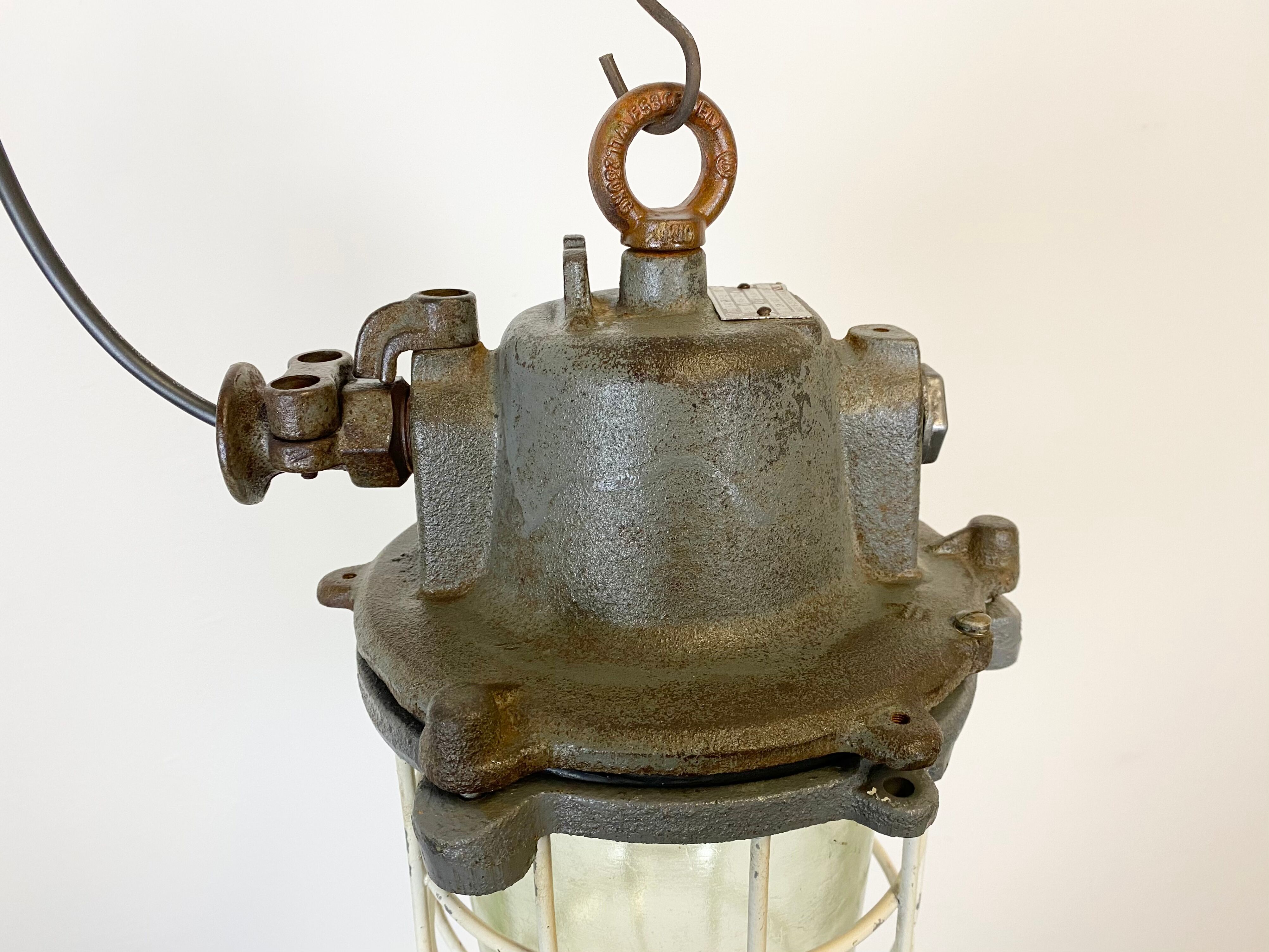 Grey cast iron industrial cage pendant light, 1970s