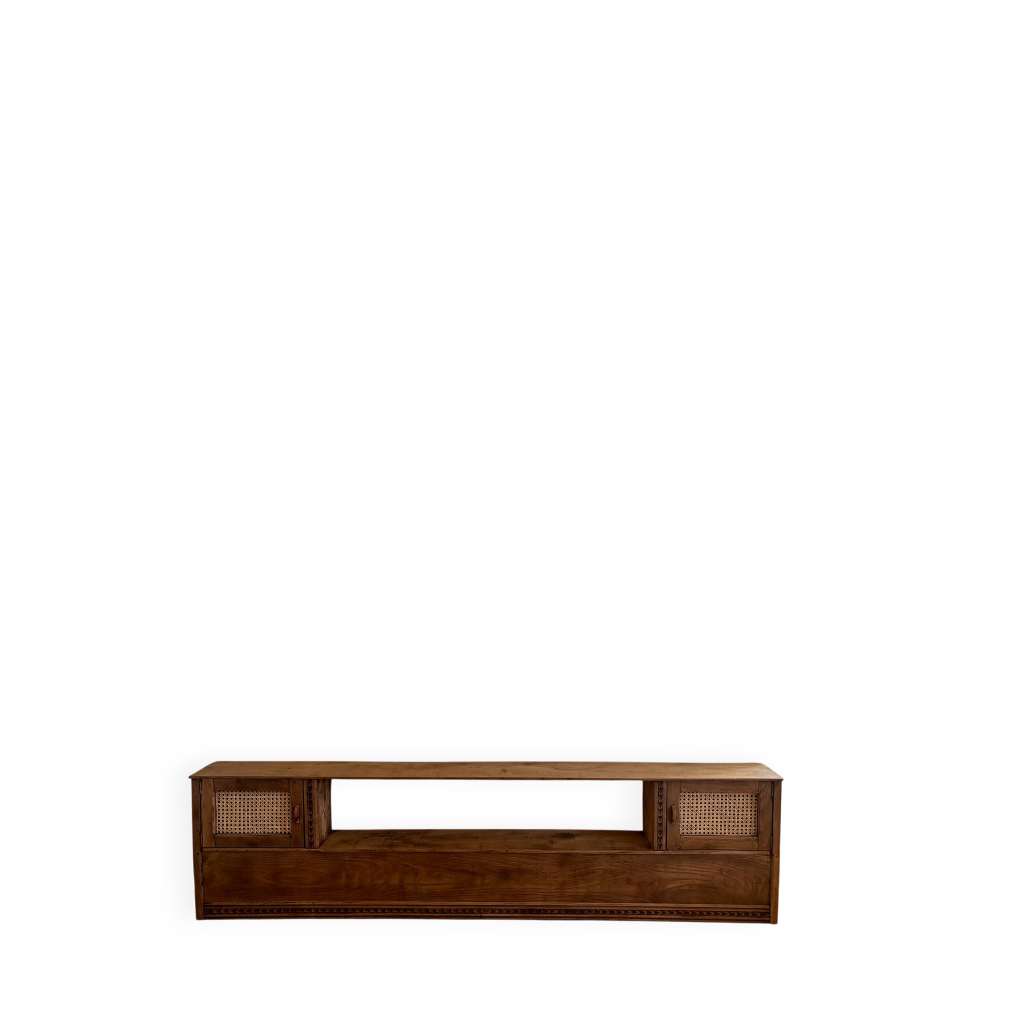 Vintage oak sideboard TV unit with raw finish and caning.