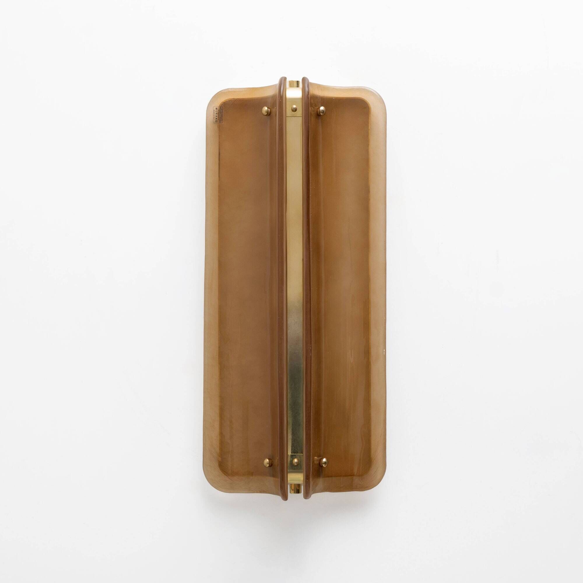 Pair of Big Curved Amber Murano Glass and Brass Wall Sconces
