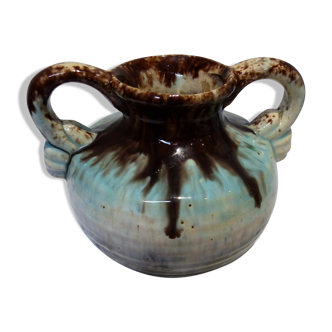 Small vintage ceramic pitcher light blue and brown