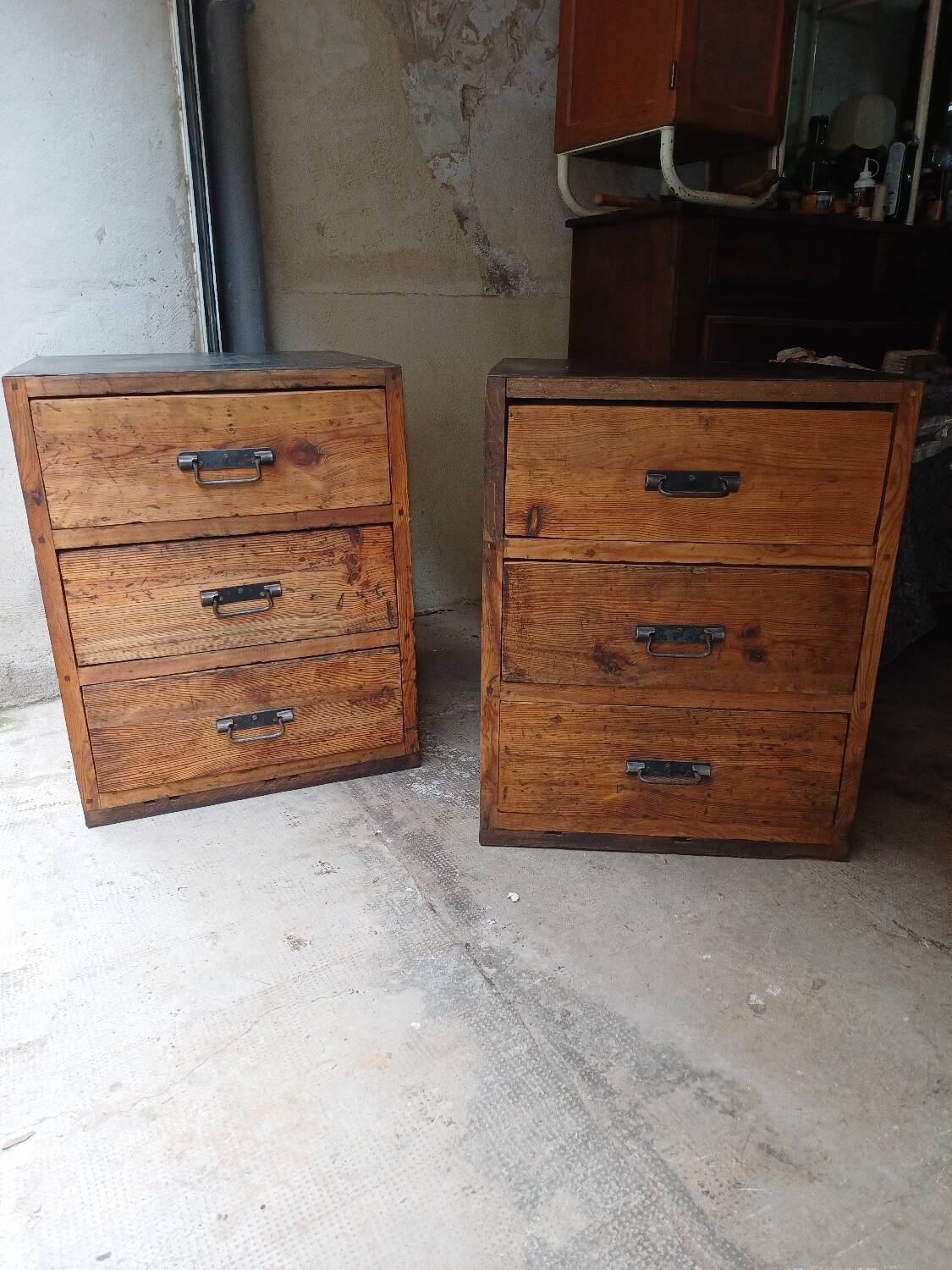 Pair of workshop furniture, solid wood, metal top 1930, 1950