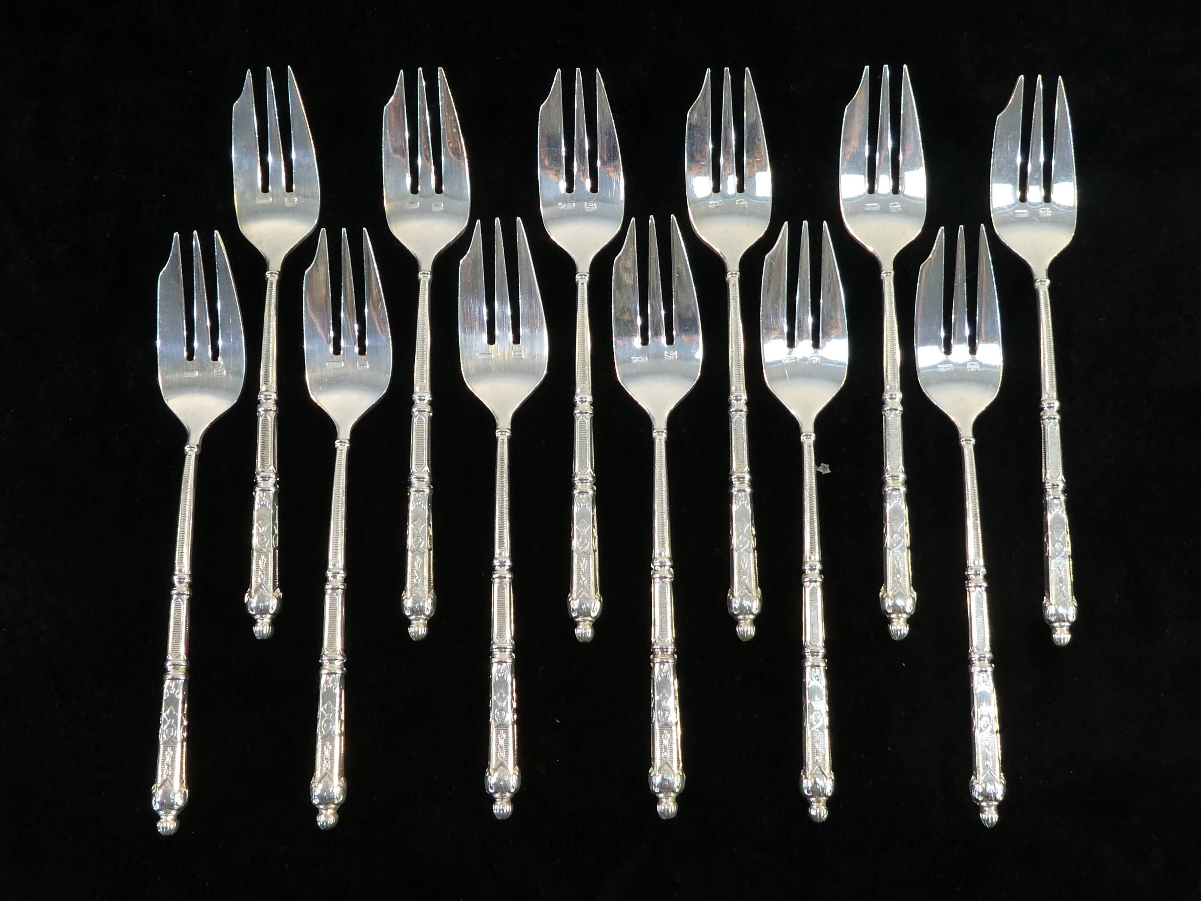 12 SFAM cake forks in silver metal Russian handle