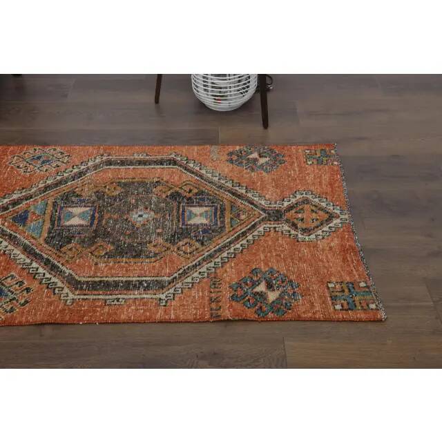 1970s vintage Turkish Oushak handmade wool cotton orange runner rug 80x320