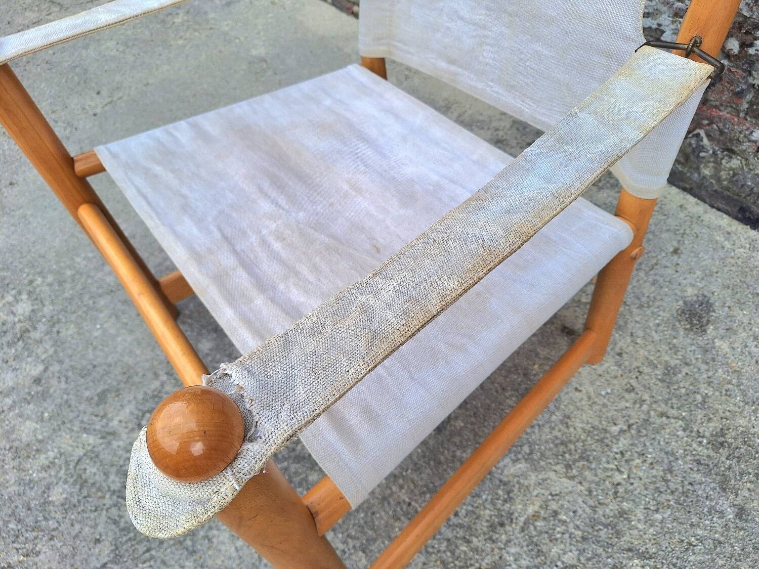 Vintage safari armchair, antique elm and linen seat furniture