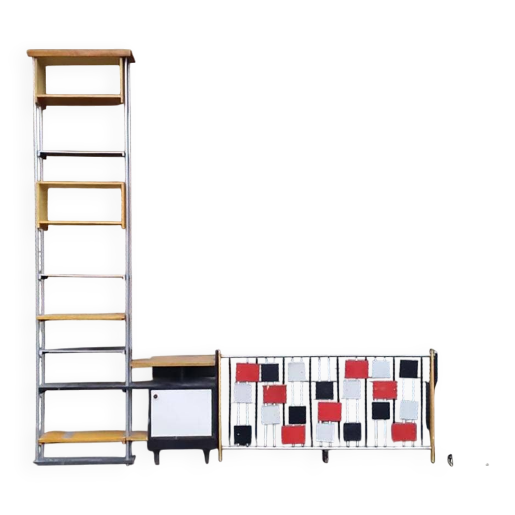 Large vintage 1960s multicoloured wall shelf system made of wood and aluminium.