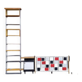 Large vintage 1960s multicoloured wall shelf system made of wood and aluminium.