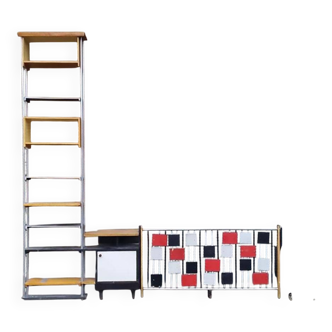 Large vintage 1960s multicoloured wall shelf system made of wood and aluminium.