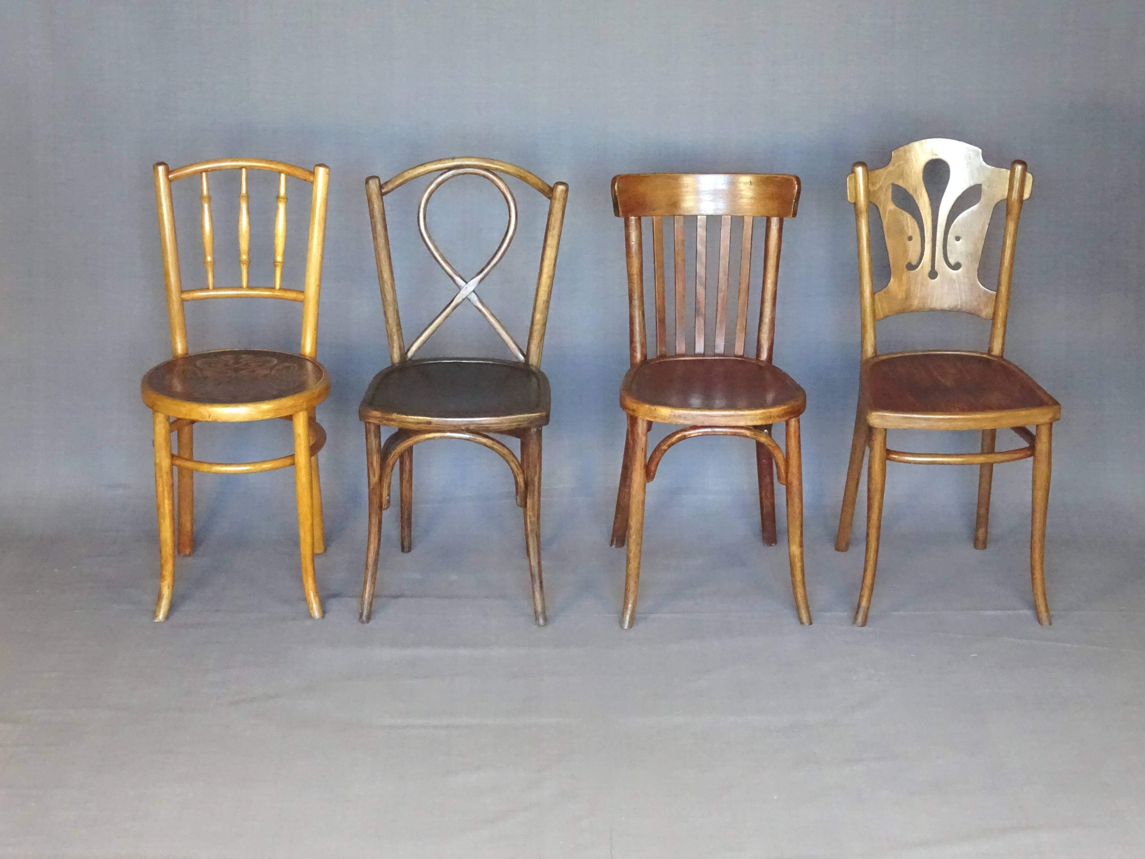 Set of 4 bistro chairs, wooden seats 1925