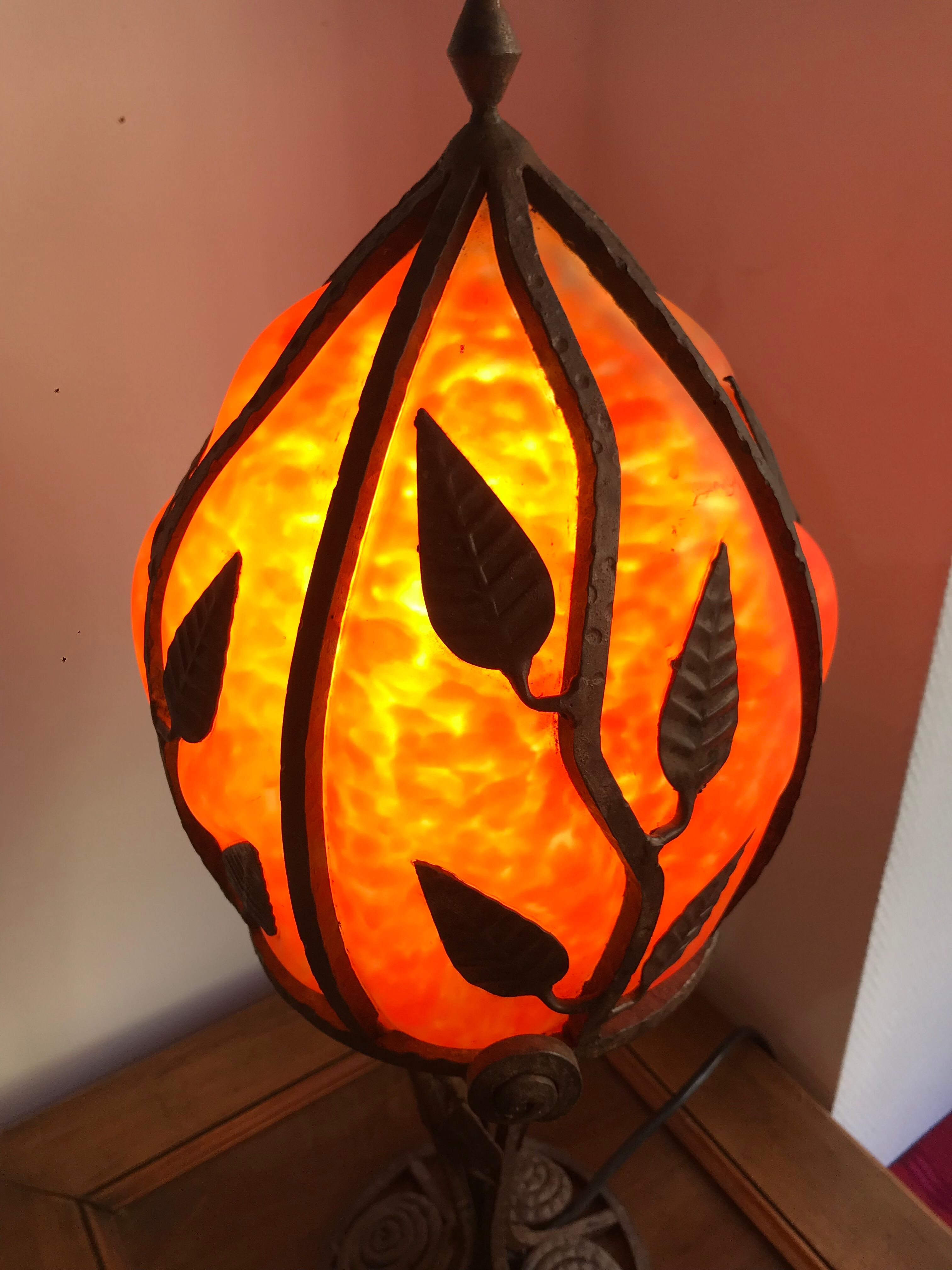 Wrought iron art deco lamp and glass paste
