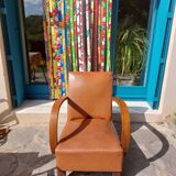 Low armchair, brown imitation leather