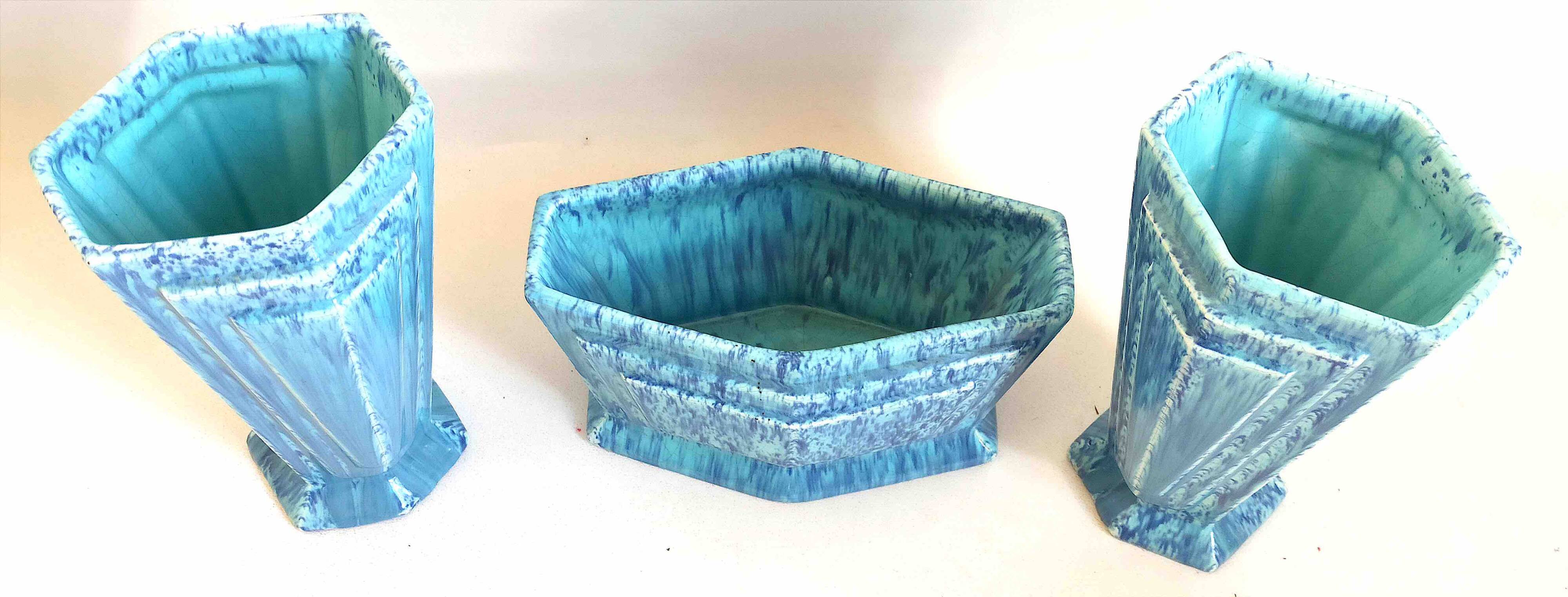 3-piece Art Deco blue fireplace surround