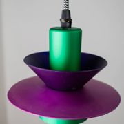 Vintage ceiling suspension in aluminium - 1980s, postmodern Memphis style - purple and green, striped cable, zigzag.