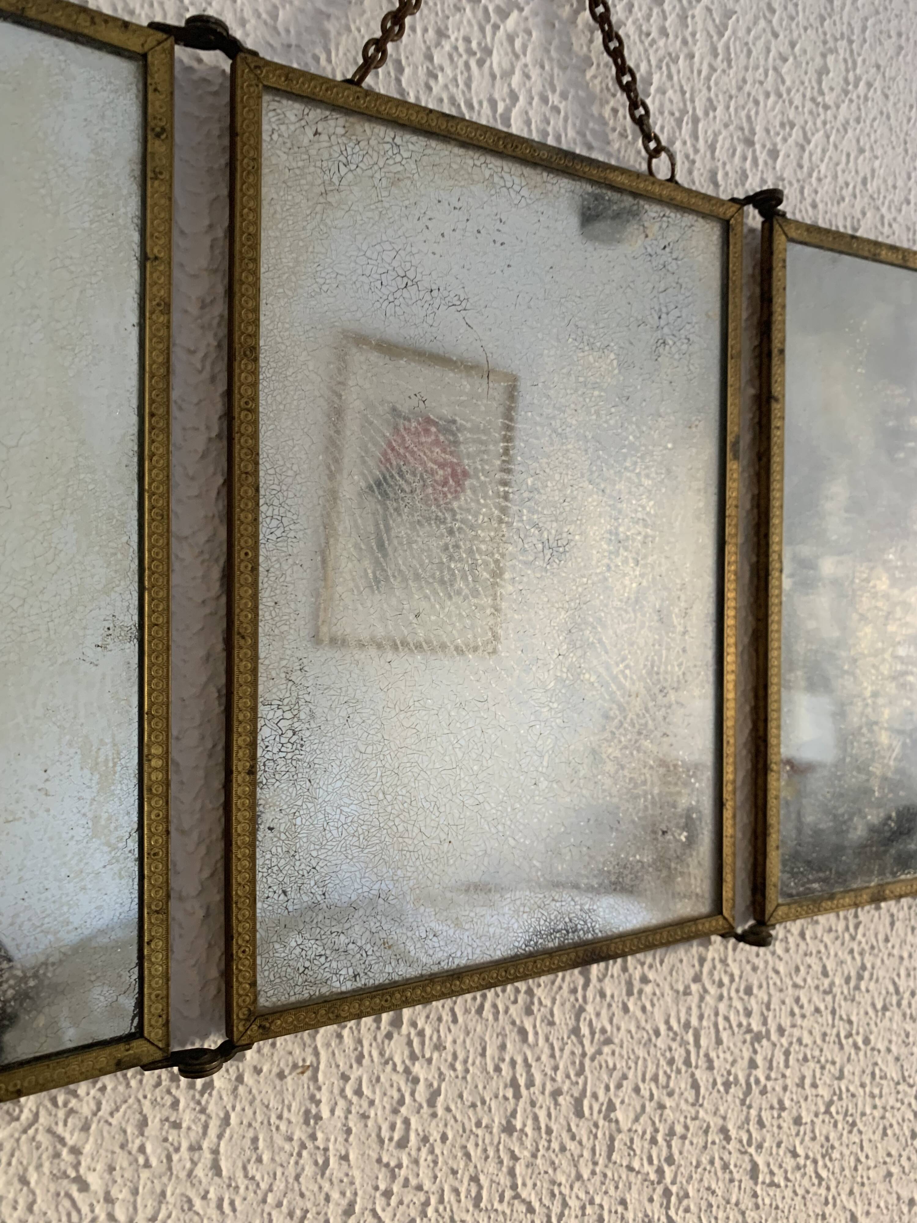 Miroir vintage 1900 triptyque barbier Art Nouveau doré - 21 x 48 cm