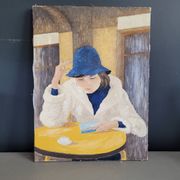 Oil on canvas portrait of a woman writing a postcard
