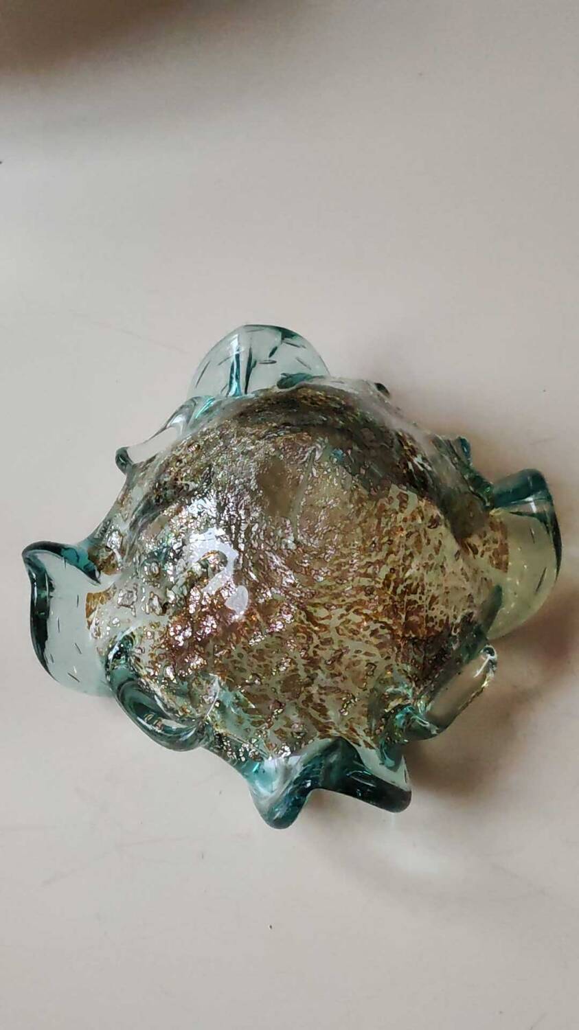 Corolla/floral pocket emptier. In Murano blown glass. Turquoise/Gold/silver inclusions