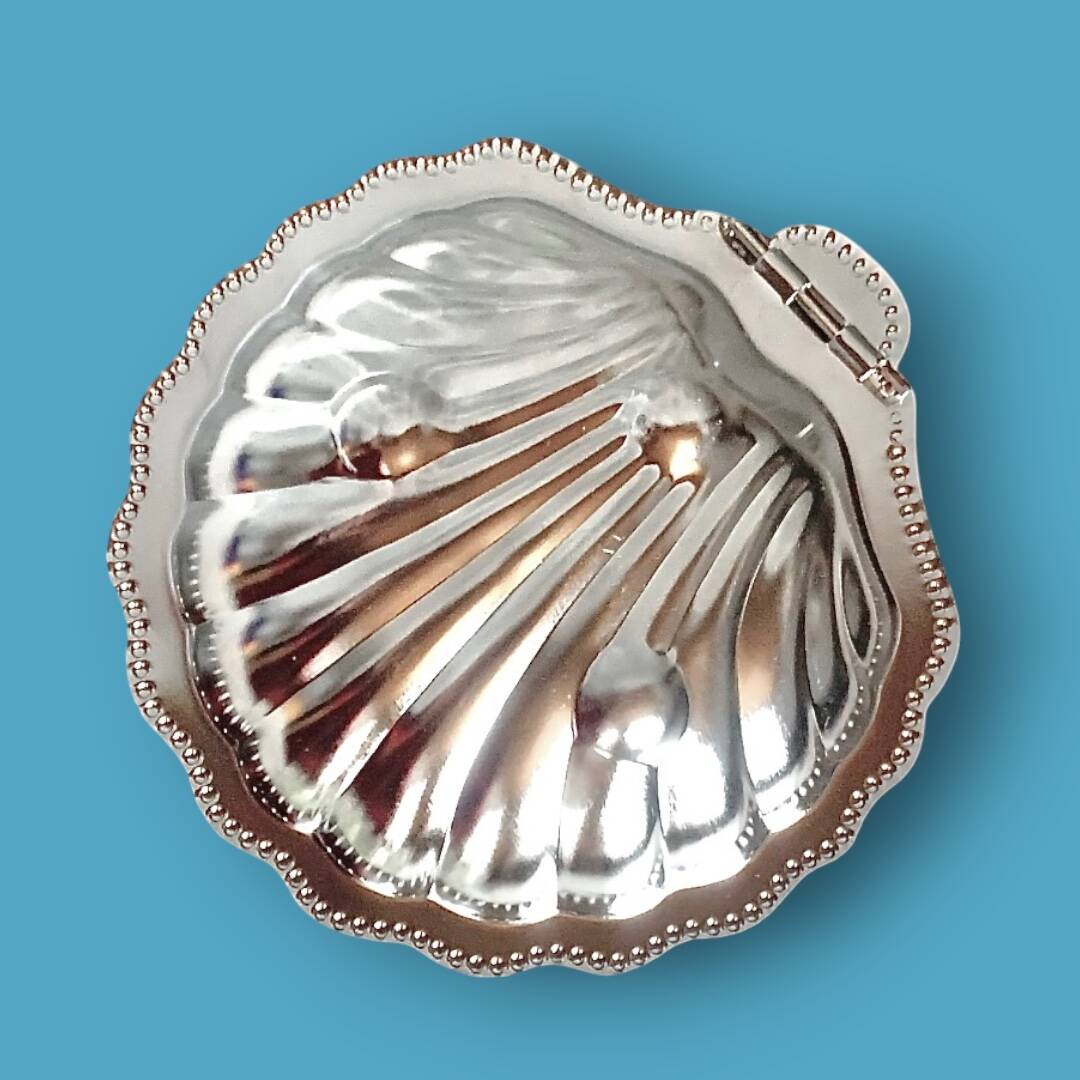 Vintage stainless steel and glass shell butter dish with knife - in its box