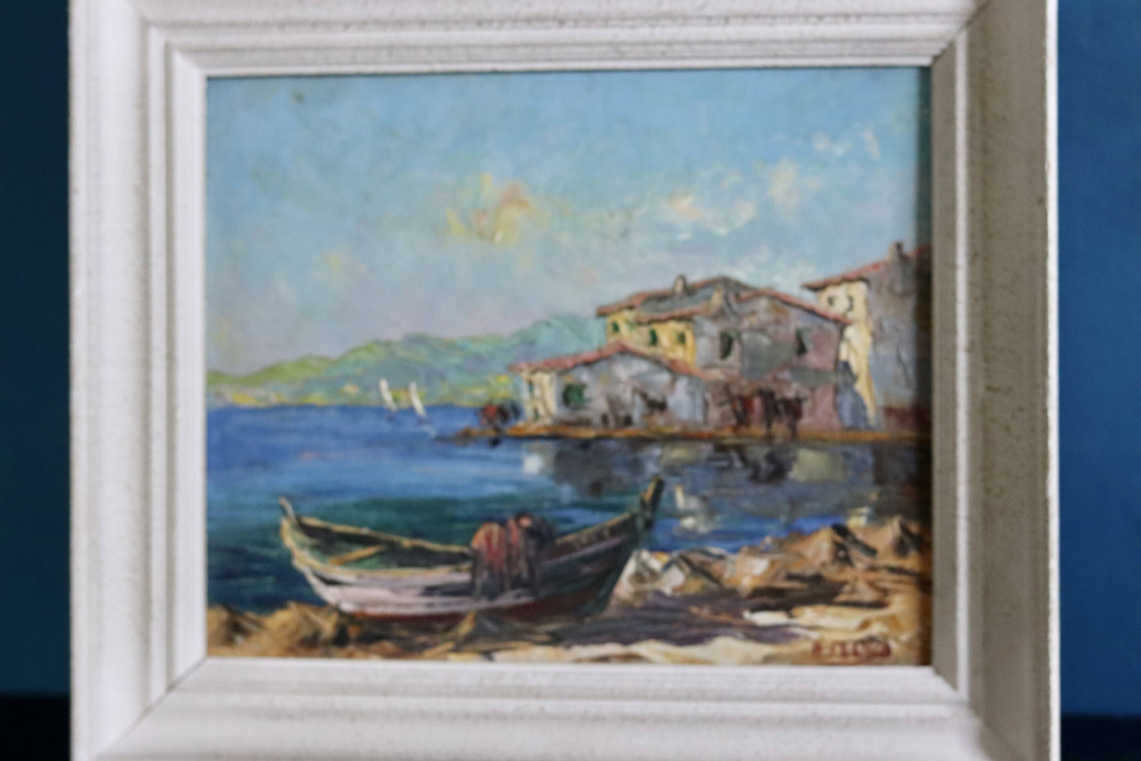Oil painting on mid-century style panel "Port with Buildings" by B Franco, vintage and framed.