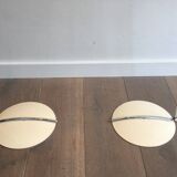 Pair of designer parquet floor lamps composed of lacquered metal and chrome bases and designer white plastic lampshades